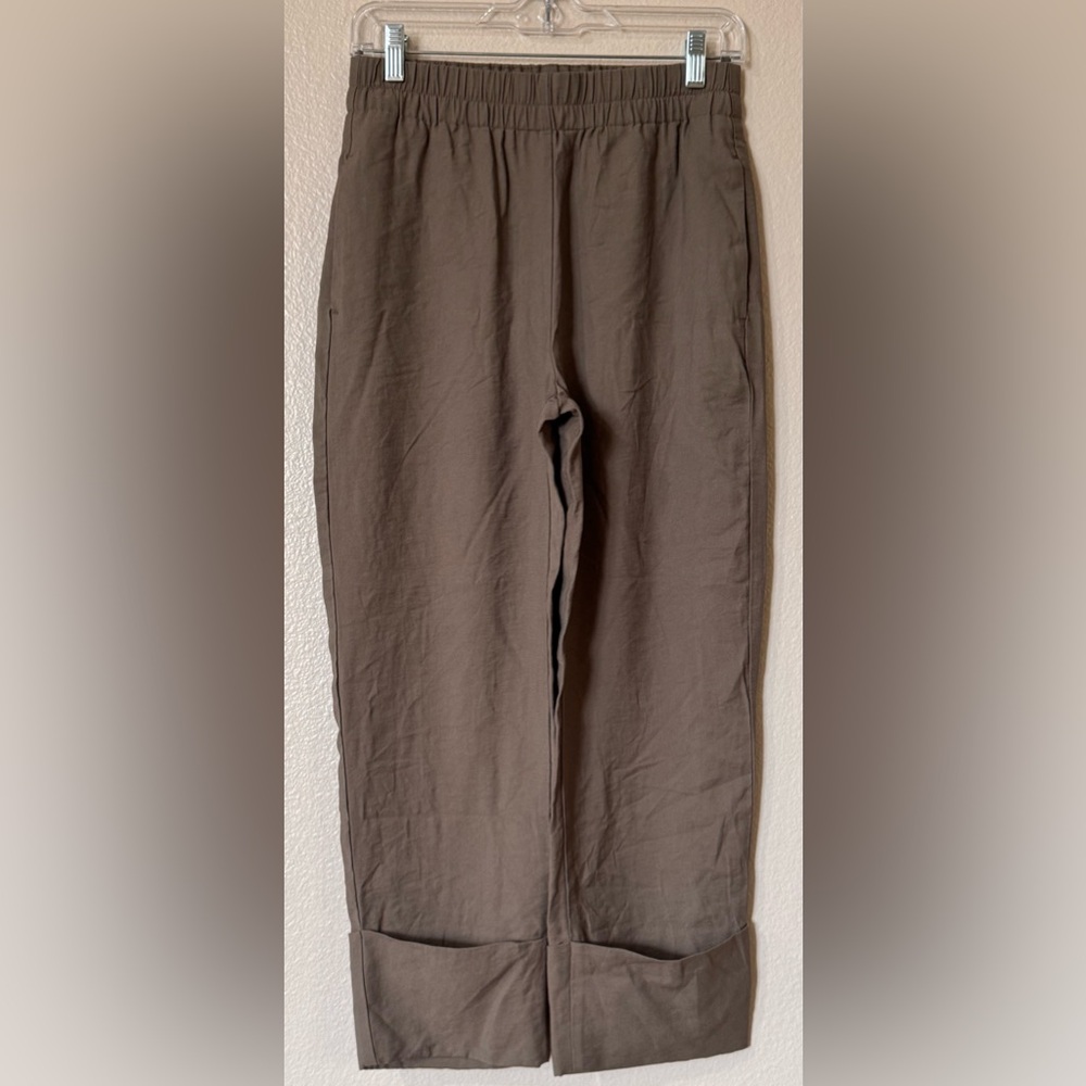 Zara High Rise Cuffed Wide Leg Pants Taupe Brown Elastic Waist Sz S